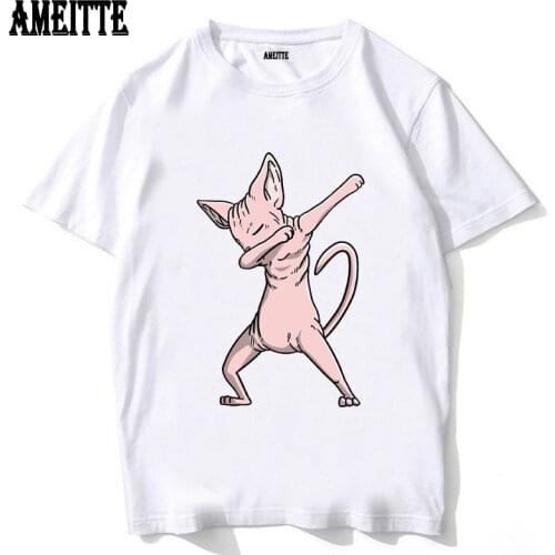 AMEITTE New Summer Fashion Men Short Sleeve Funny Dabbing Sphynx Cat Print T-Shirt Hip Hop Boy Casual Tops Funny White Tees