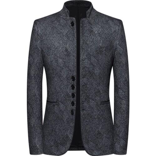 Autumn Men Suit Jacket Winter Stand Collar Jacquard Dark Gray Blazer Slim Business Formal Casual Work Daily Life Banquet Party