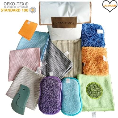 12PCS kitchen accessories cleaning tools set microfiber glass towel scrub sponge household cloth bathroom silicone spatula rags