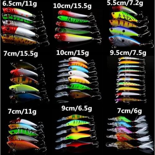 New 52pcs/set Fishing Lures High Quality Plastic Hard Baits Mixed 9 Models Fishing Tackle 52 Colors Lifelike Fake Fish bait