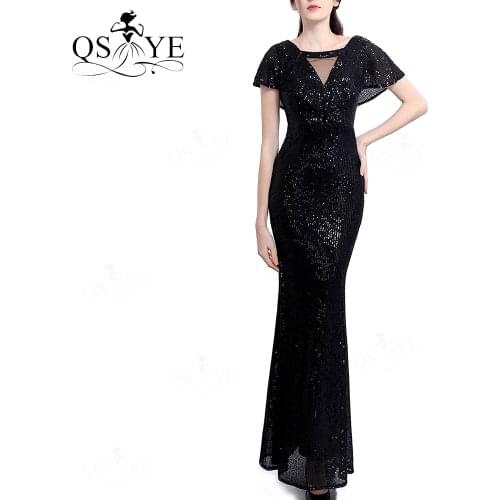 Unique Neck Black Evening Dresses Mermaid Cap Sleeves Long Evening Gown Elegant Glitter Open V Back Formal Party Dress Fitted