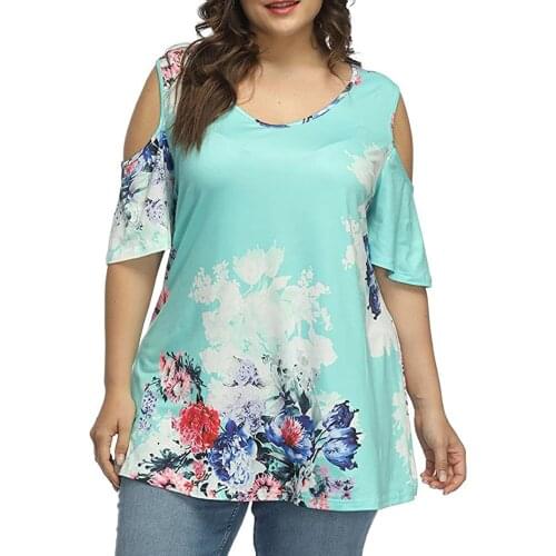 5XL Plus Size Women Floral Print Round Neck Tops and Blouse Lady Hollow Out Half Sleeve Summer Casual Female Loose T Shirts D30