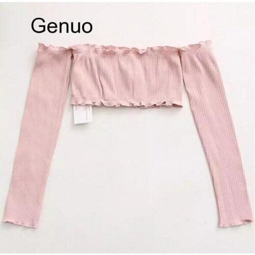 Sexy Ruffles Elastic Slash Neck Tee New Women Off Shoulder Hollow Out Long Sleeve Short T-shirt Crop Top 3 Colors