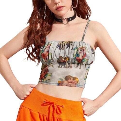 Women Thin Spaghetti Straps Bustier Tops Sexy Mesh Angel Pattern Wrap Bust Corset Crop Tops