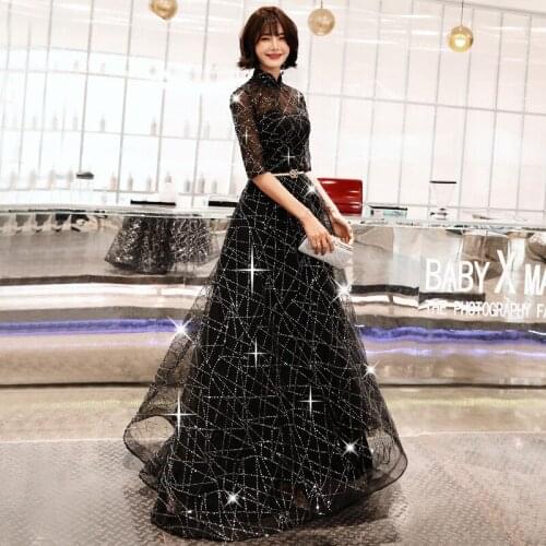 Evening Dress For Women Black Shining Evening Dresses Stand collar qipao Formal Gowns Hafl Sleeve robe de soiree cheongsam