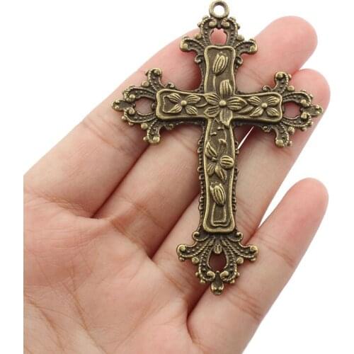 2PCS Large Antique Bronze Luck Religious Cross Charm Pendant for Necklace Jewelry Findings Making 74x52mm