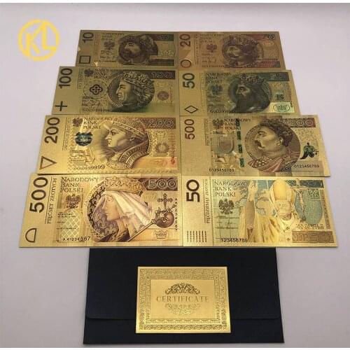 8 designs 10-500 PLN for a set Colored Gold Foil Banknote Poland Souvenir Banknotes Serial Commemorative Banknotes Fake Money