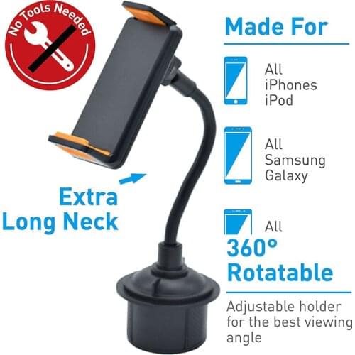 Car Vehicle Drinks Cup Holder Phone Mount 360 Rotatable Cradle with Longer Neck for 4 -10.5 inch Phone Smartphone Tablet