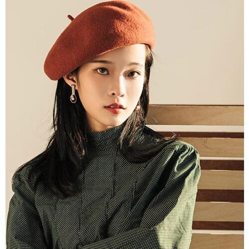 Vintage Pure Wool Beret Hat Women Felt Beret British Style Fashion Girls Beret Hat Lady Solid Color Slouchy Winter Hats Female