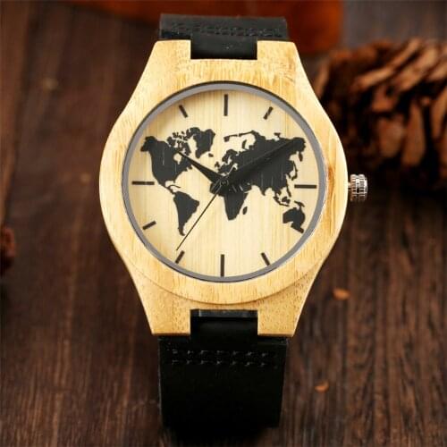 Engraving Black World Maps Display Bamboo Watch for Men Genuine Leather Casual Mens Wristwatch Quartz Wooden Timepiece Gifts