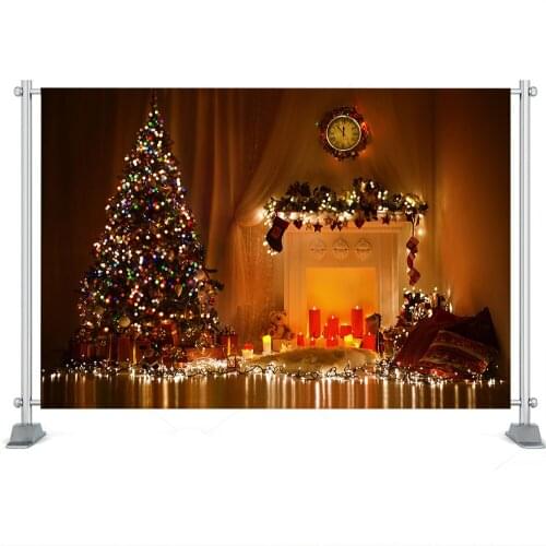 Christmas Party Backdrop Photography Photocall Wood Floor Fireplace Decoration Background Bells Christmas Tree Candle Backdrops