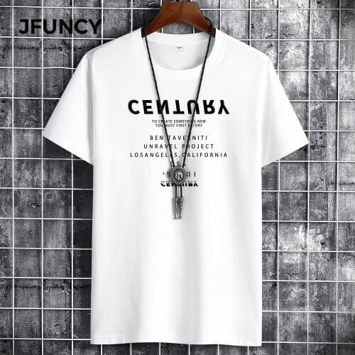 JFUNCY Summer Cotton Men Oversized T-Shirt Letter Print T-Shirt Street Handsome Harajuku Short Sleeve Casual Comfortable Men Top