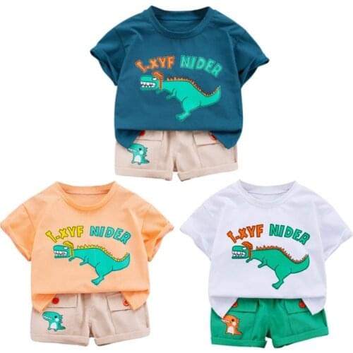 Ins Summer Boys Clothes Cartoon animal Tyrannosaurus print Short-sleeved Top+Casual Denim Shorts Children Clothing Outfits