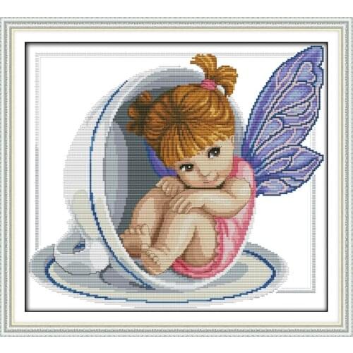 A little angel in the cup cross stitch kit people girl 18ct 14ct count canvas stitches embroidery DIY handmade needlework plus