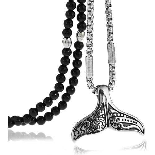 Stainless Steel 3D Mermaid Fish Tail Pendant Necklace with Black Natural Stone Beaded Necklace 27inches