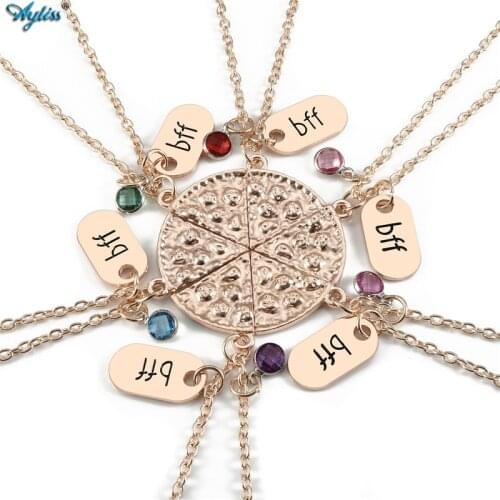 Ayliss 6 pc Alloy Pizza Puzzle bff Necklace with Rhinestone Best Friends Forever Friendship Pizza Pendant Necklace Memorial Gift