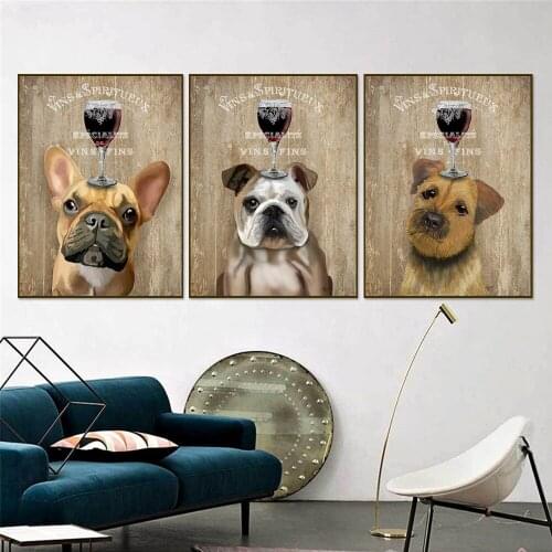 Dog with Red Wine Glass Above Head Poster Vintage Picture for Living Room Decoration Wall Art Retro Animal Wall Print Home Decor
