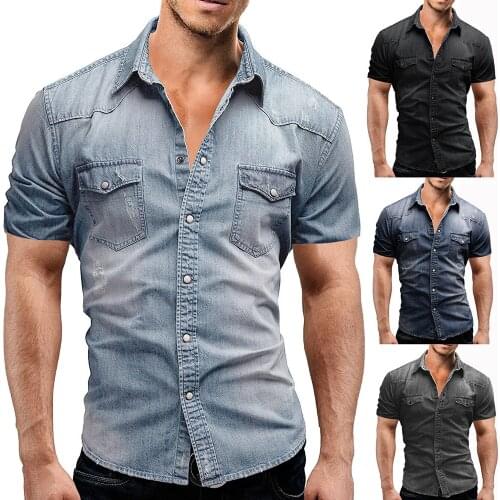 Dropshipping Mens Summer Thin Denim Short Sleeve Shirt Casual Street Soft Cotton Jean Tops Wash Vintage Slim Male Cowboy Shirts