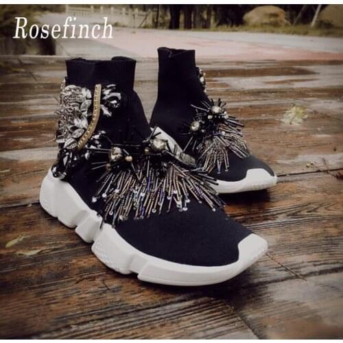 Luxury Rhinestones Sneakers Black Crystal Women Fashion Sneakers Stretch Sock Boots Sport Knit Sock Sneakers Casual Shoes WK110