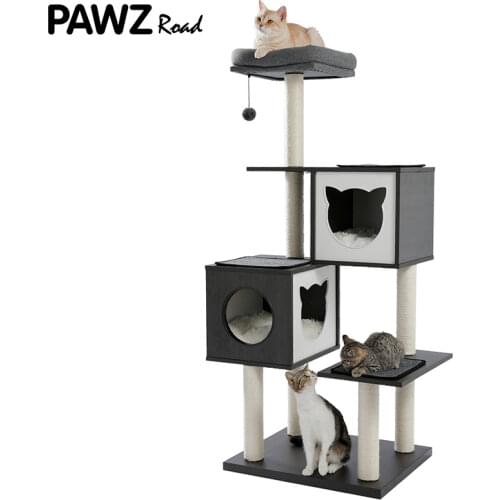 Modern Cat Tree Wood Tower Sctraching Post for Cat Kitten Multi-Level Tower Solid Large Hummock Condo rascador gato arbre à chat