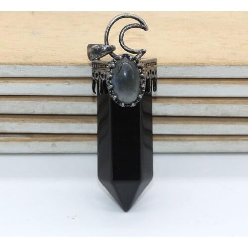 100-Unique 1 Pcs Silver Plated Half Moon Black Agates Hexagon Prism Pendulum Pendant Oval Labradorite Stone Amulet Jewelry