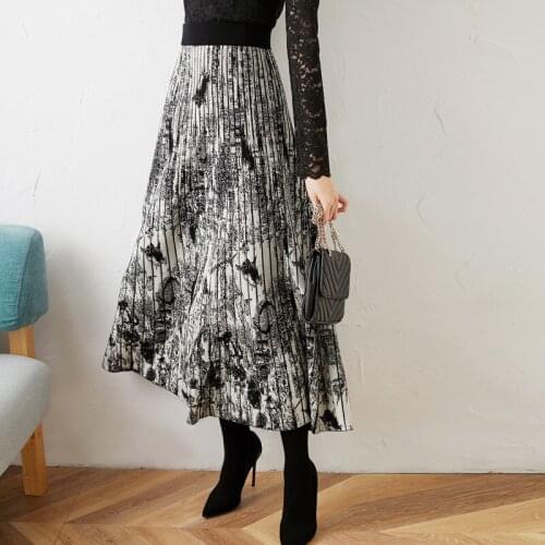 Knitted print New Ocean half skirt vertical stripe wool skirt high waist knitted A line pleated skirt medium length