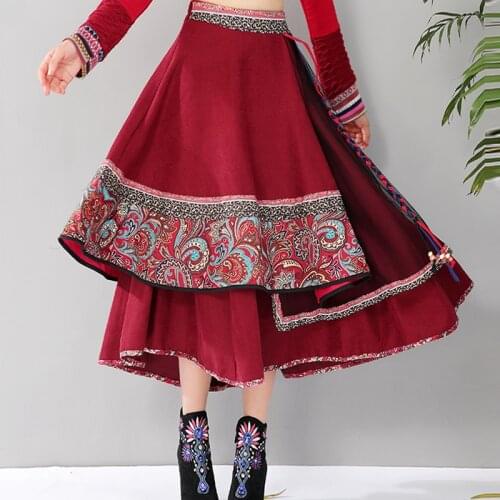 Autumn Vintage Ethnic Style Long Skirts High Waist irregular Skirts Women Patchwork A-line Cotton And Linen Big swing Skirt W507