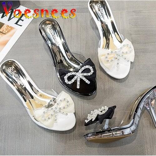 Summer New Fairy Wind Slides Sweet Crystal Butterfly-Knot Women Shoes Temperament Transparent Super High Heels Wedding Sandals