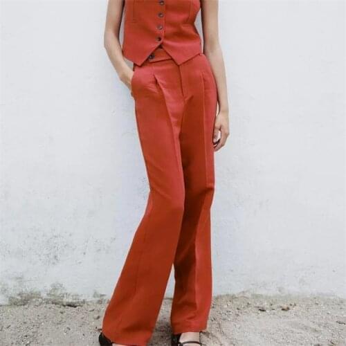 TRAF Women 2021 Fashion With Buttons Side Pockets Office Wear Straight Pants Vintage High Waist Zipper Trousers Streetwear