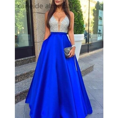 A-Line Satin V-Neck Sexy Wedding Party Dress Long Elegant Evening Dress 2021 Women Formal Dresses