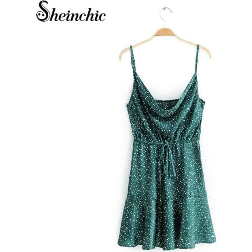 Vestidos De Mujer Casual Sexy Spaghetti Strap Green Polka Dot Mini Dresses for Women Summer 2021