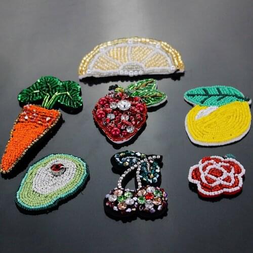 3D Handmade Rhinestone Fruits Beaded Patches Sew on Crystal Patch beading Applique Patch CAT BIRD CHERRY Pineapple