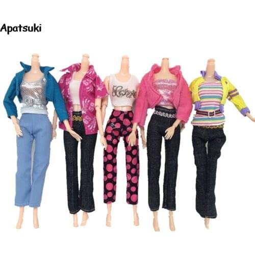 5sets/lot Mix Style Tops Coat Long Trousers Pants Sets Clothes for Barbie Dolls Outfits Clothes for Barbie Dollhouse Accessories