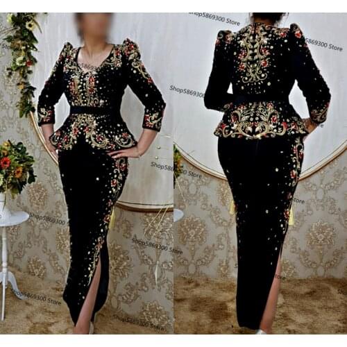 Algerian outfits Karakou Evening Dresses with Peplum Soirée de Mariage Gold Embroirdery Red stone Long Sleeve kaftan prom dress