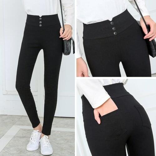 Womens black Pants Pencil Trousers Spring Fall Button pocke Pants Women Slim Ladies Jean Trousers Female High Waist Pants