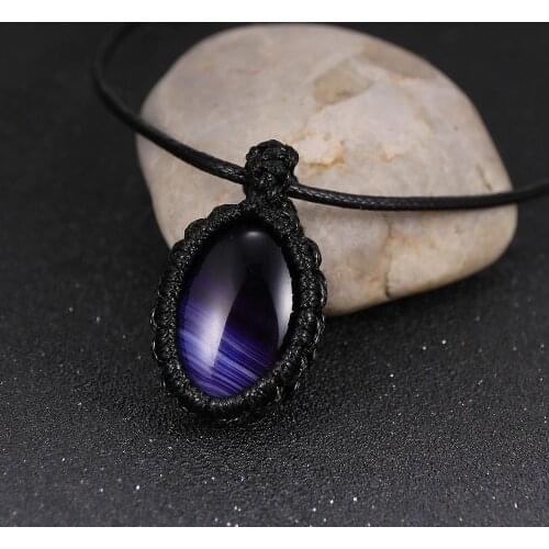 Women Men Natural Stone Tiger Eye Onyx Oval Pendant Necklace Opal Charm Adjustable Choker Waxed Rope Clavicle Chain Jewelry