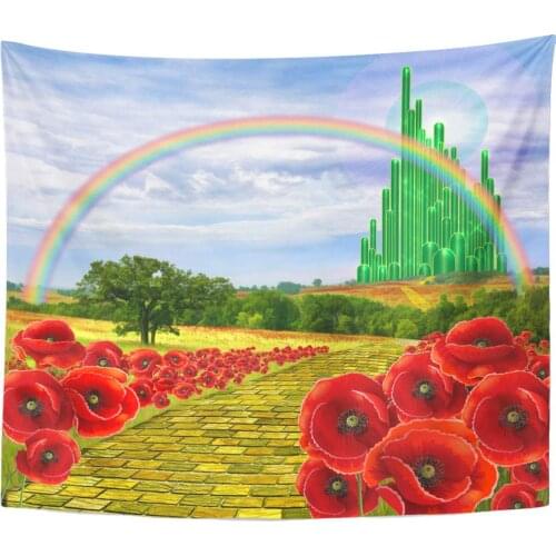 Poppies Field Yellow Brick Road Leading to The Oz Emerald City Flower Tapestry Wall Hanging for Living Room Bedroom 50x60 Inches