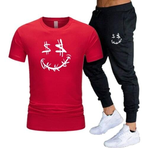 Money Smile Face Printing Short Sleeve Cotton Summer Tracksuit T-shirt Oversized Sports Trousers Hip-Hop Custom Set Streetwear