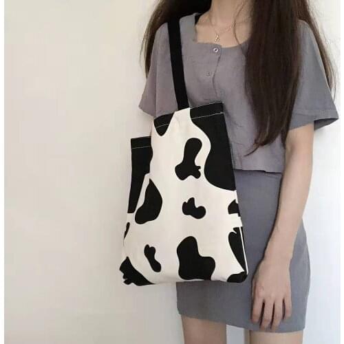 Shopping Bags Women Cow Color Canvas Harajuku Sweet Girls Korean Leisure Popular Simple Chic Shopper Female Utility Ladys Bag