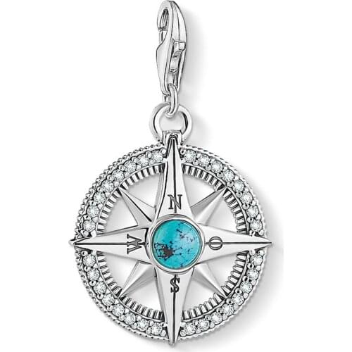 Compass Star Charm Blue Stone Vintage Fine Women Men Jewelry 925 Sterling Silver Wanderlust Pendant Fit Bracelet 2021 Brand New