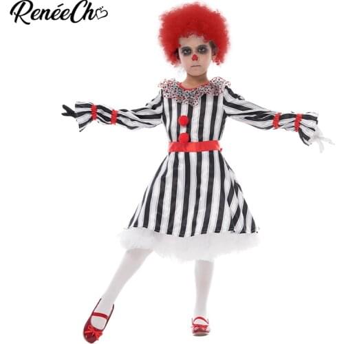 Reneecho Jester Clown Girl Costume Halloween Costume For Kids Stripe Killer Clown Fancy Dress Circus Sweetie Joker