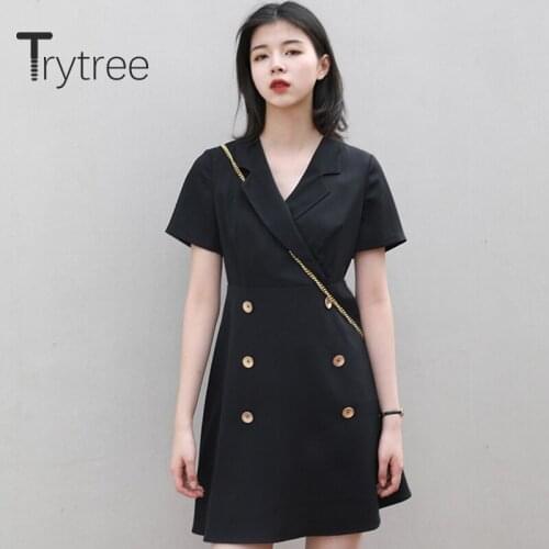 Trytree 2020 Summer Women Casual Dress V-neck Solid A-line Dress Fashion Vintage Elegant Double Breasted Suit Black Mini Dress