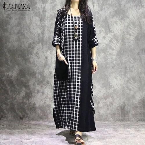 Fashion Check Dress Womens Stitching Sundress ZANZEA 2021 Spring Long Sleeve Tunic Vesitos Female O Neck Plaid Robe Plus Size