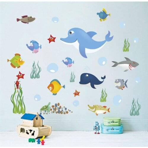 Cartoon Fish Whale Shark Turtle Sealifes Wall Stickers For Kids Room Bathroom Home Decoration Diy Animals Mural Art Pvc Decals