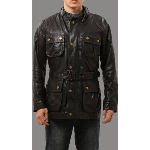 0909 Big US Size Genuine Sheep Skin Leather Jacket Mens Long Casual Leather Jacket
