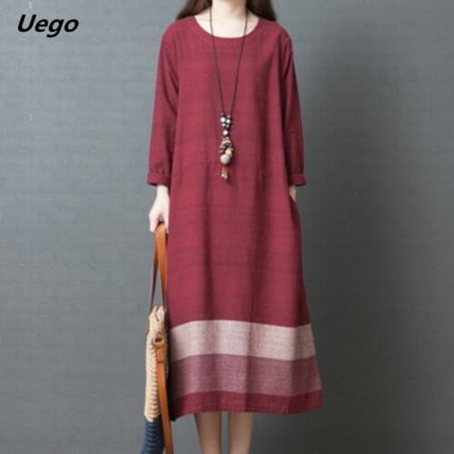 2021 New Long Sleeve Autumn Dress Cotton Linen Patchwork Loose Women Vintage Dress Office Lady Work Dress Casual Spring Dress