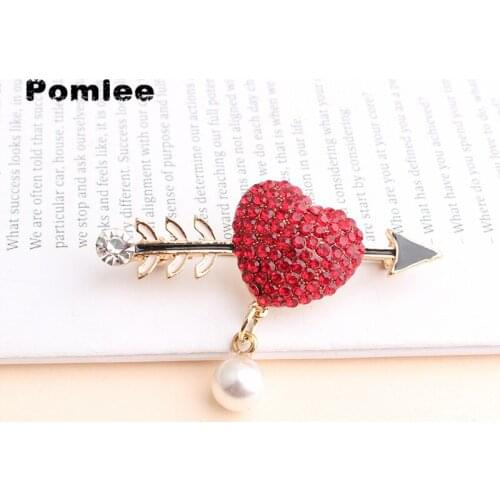 Pomlee Available High Quality Red Rhinestone Heart Brooches for Women Arrow Pin Red Color Wedding Jewelry Gift