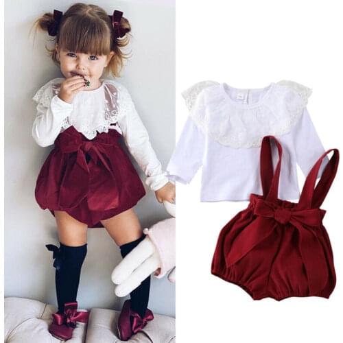 2PCS Christmas Toddler Baby Girl Clothes Lace Tops T-shirt+Overalls Pants Outfit Set Clothes 0-24 months
