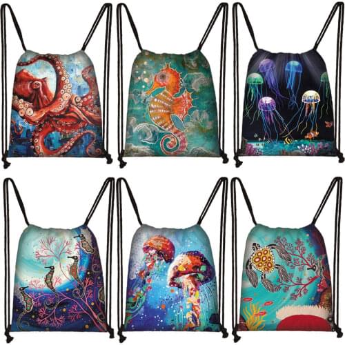 Seahorse Jellyfish Octopus Backpack Women Men Storage Bags for Travel Shoes Holder Boy Girls Drawstring Bag Bookbag Gift