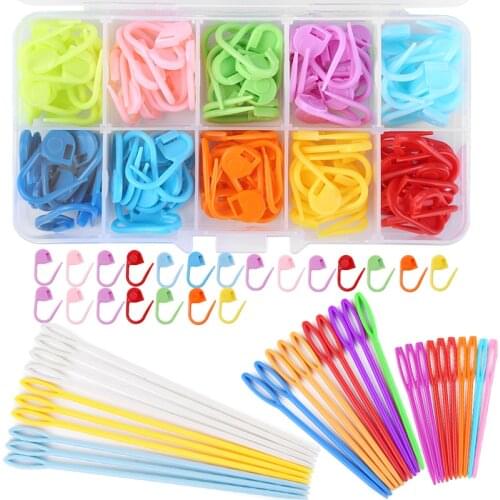 LMDZ 30Pcs Single Pointed Knitting Needles Large Eye Plastic Needles +150Pcs Locking Stitch Markers DIY Sewing Accessories
